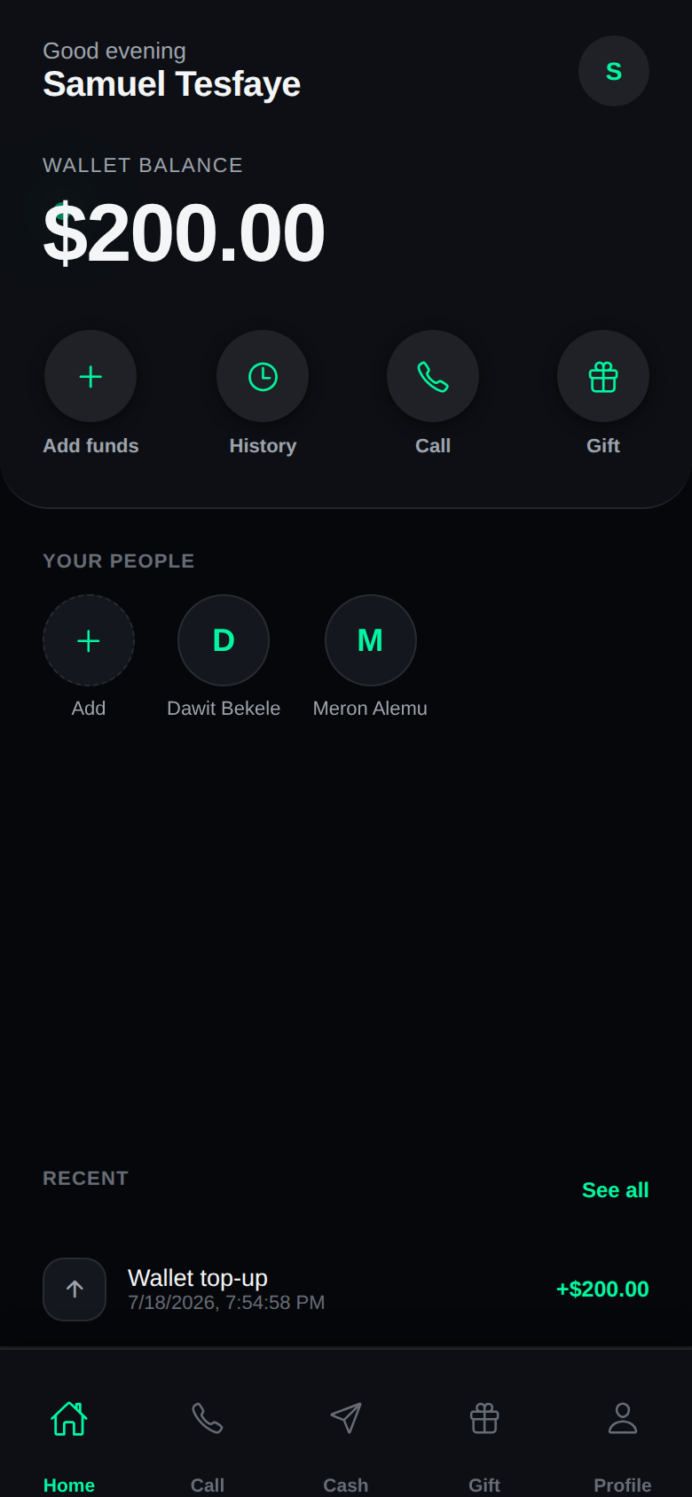 Beamline home screen showing wallet balance and contacts